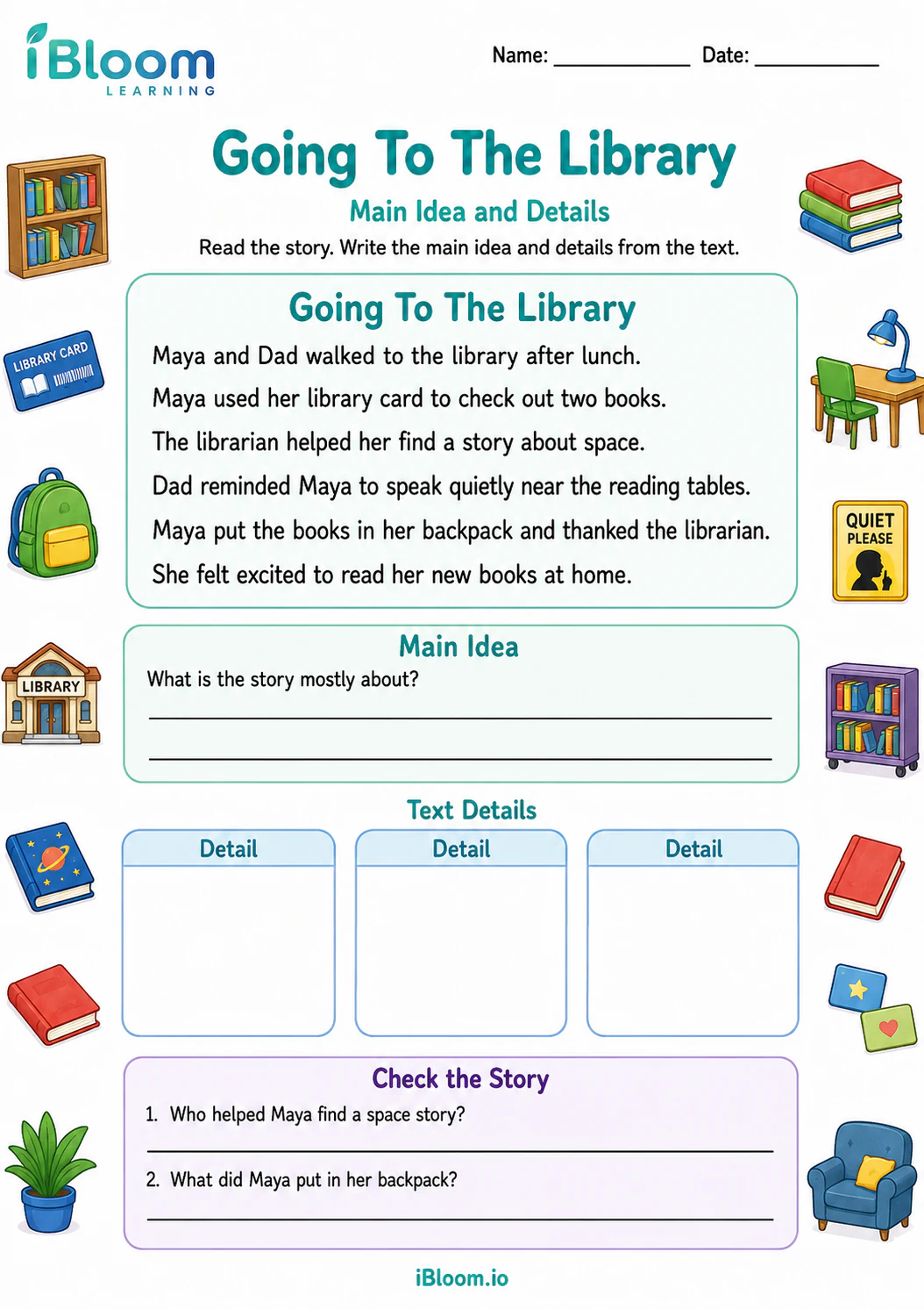 Preview page 1 of Going To The Library — Main Idea and Details