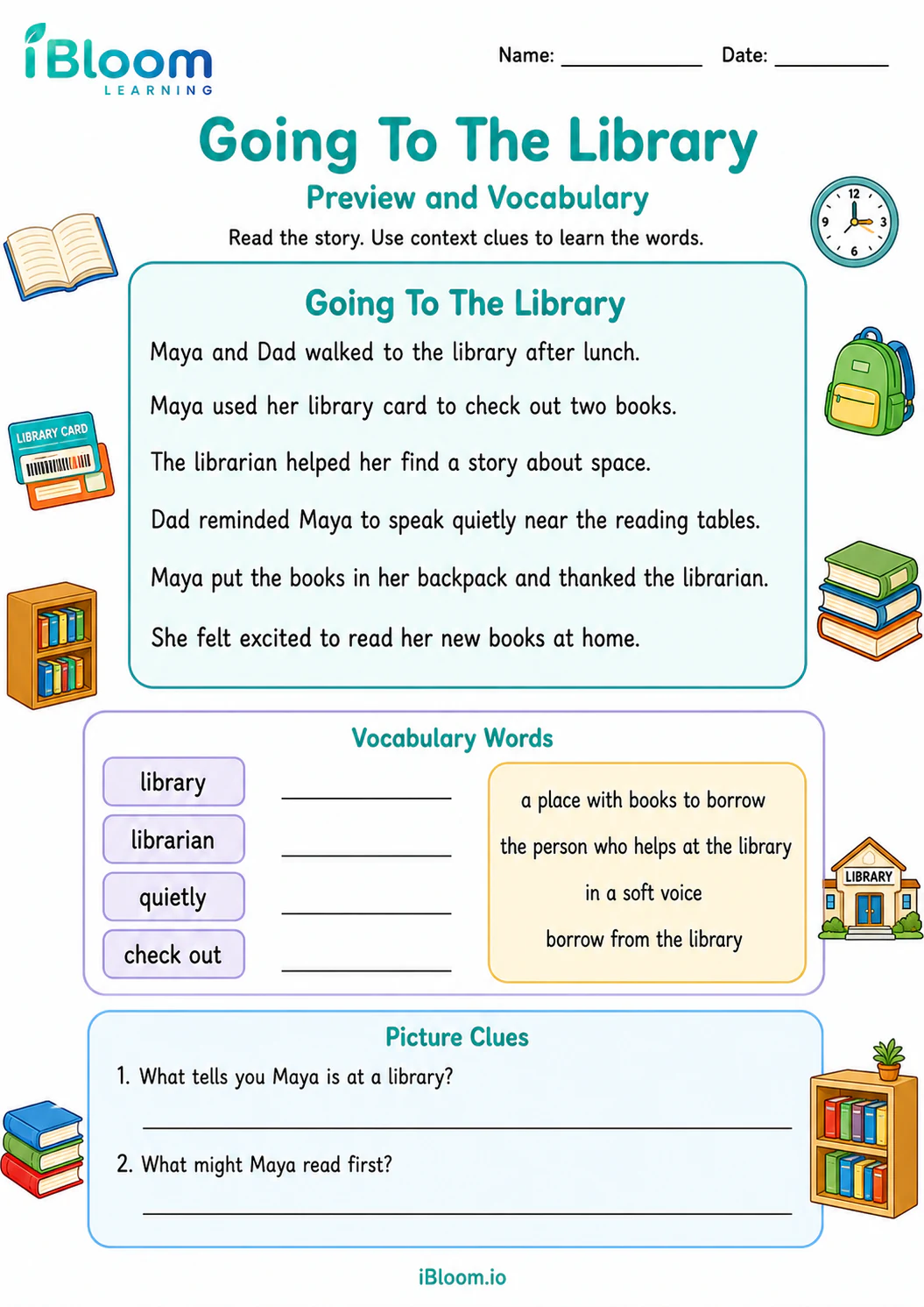 Preview page 1 of Going To The Library — Preview and Vocabulary