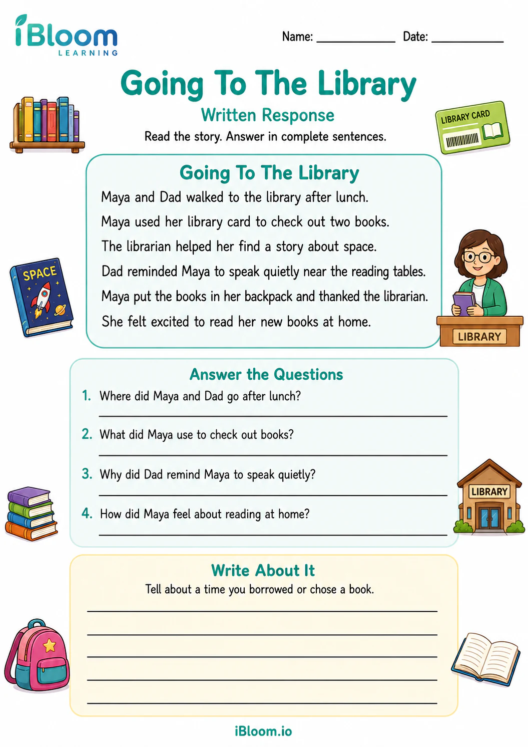 Preview page 1 of Going To The Library — Written Response
