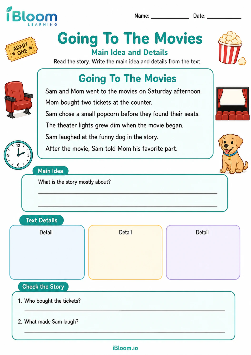 Preview of Going To The Movies — Main Idea and Details worksheet