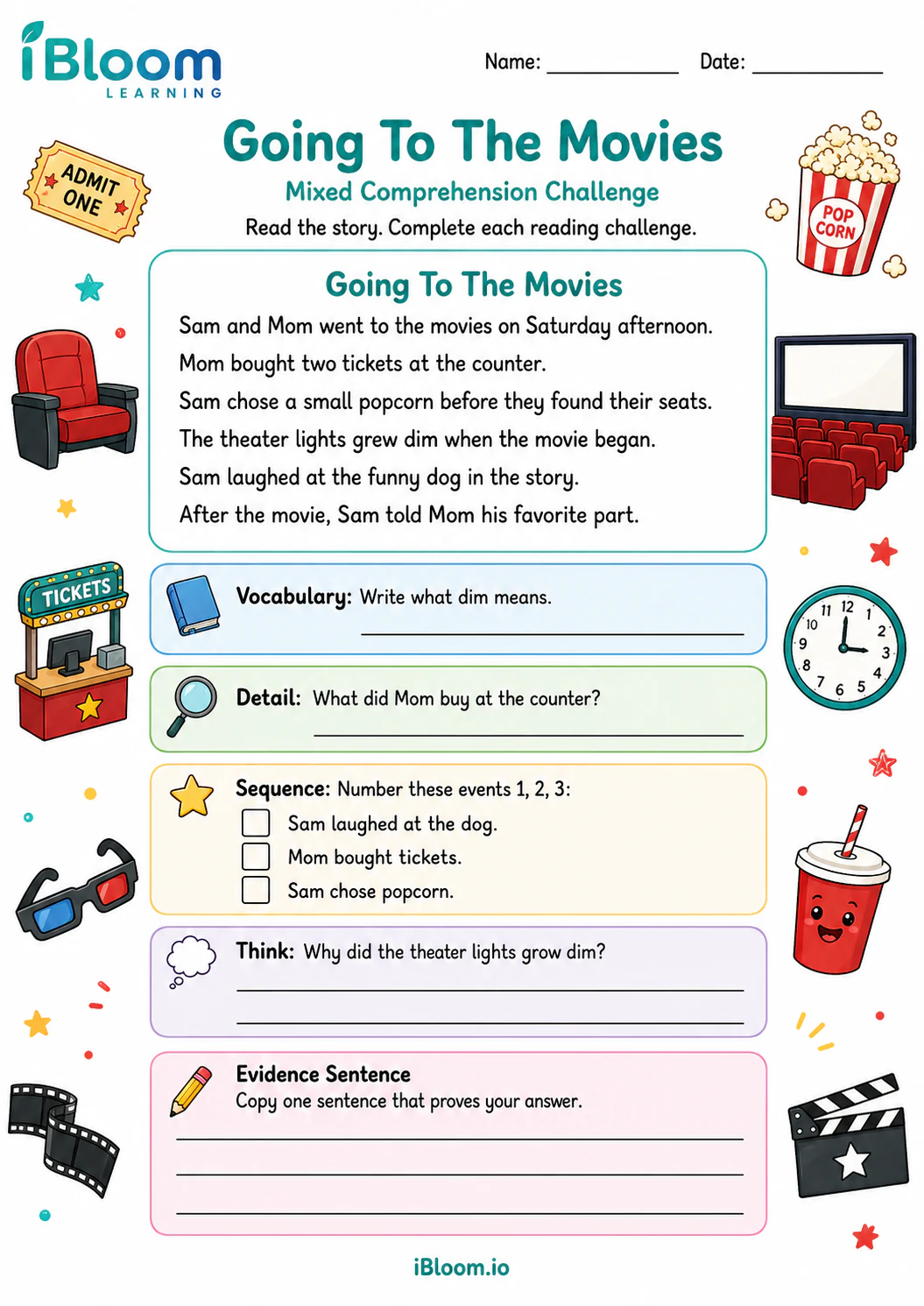 Preview of Going To The Movies — Mixed Comprehension Challenge worksheet