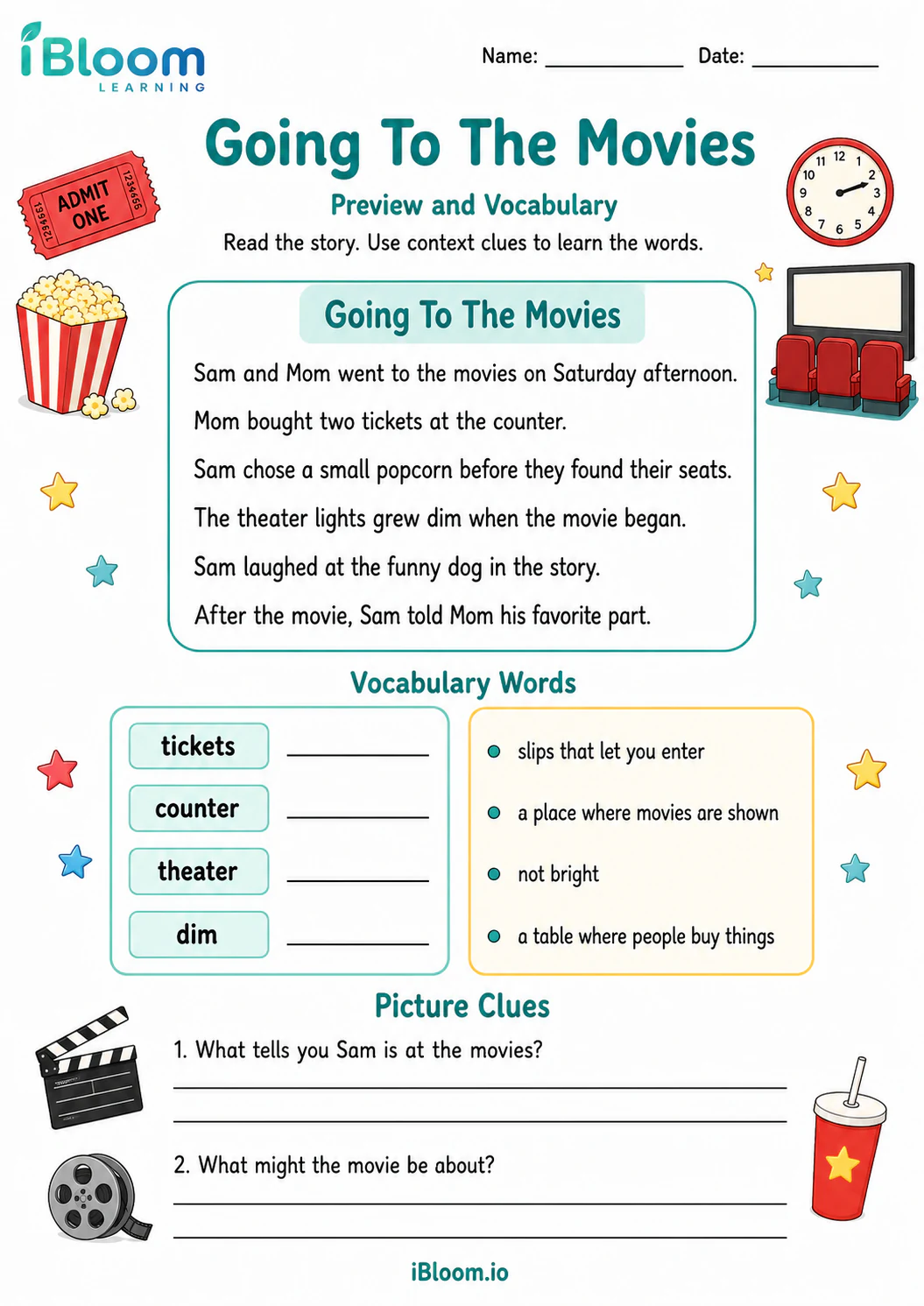 Preview page 1 of Going To The Movies — Preview and Vocabulary