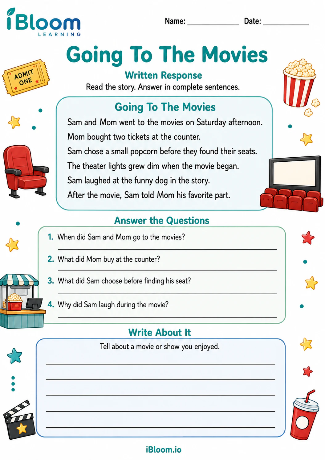Preview of Going To The Movies — Written Response worksheet