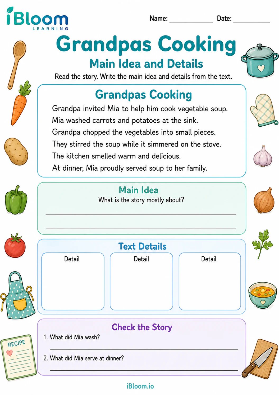 Preview page 1 of Grandpas Cooking — Main Idea and Details