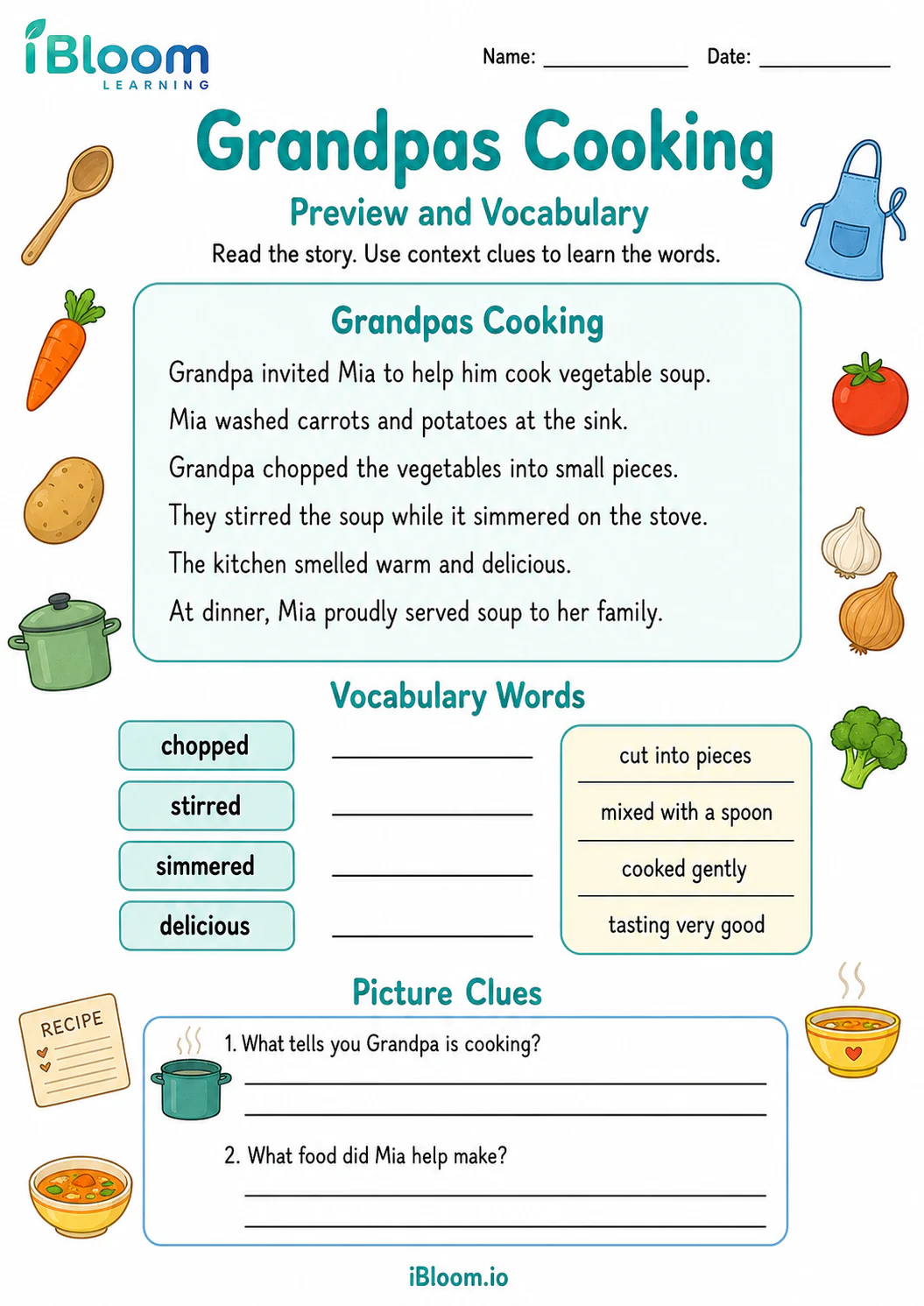 Preview page 1 of Grandpas Cooking — Preview and Vocabulary