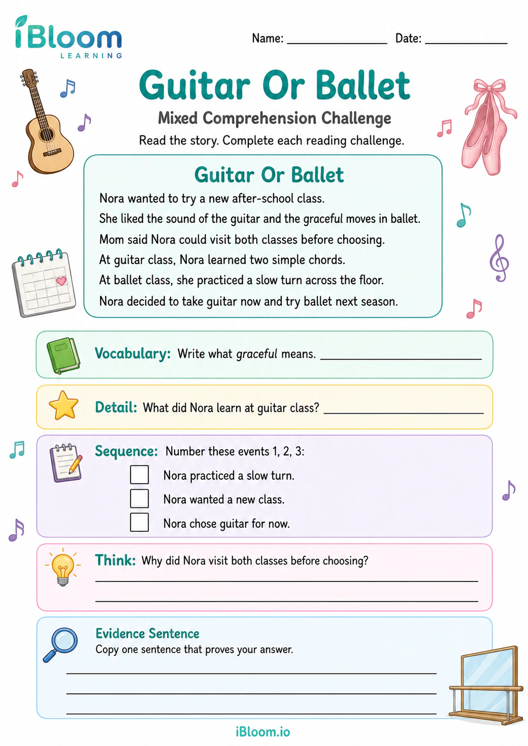 Preview page 1 of Guitar Or Ballet — Mixed Comprehension Challenge