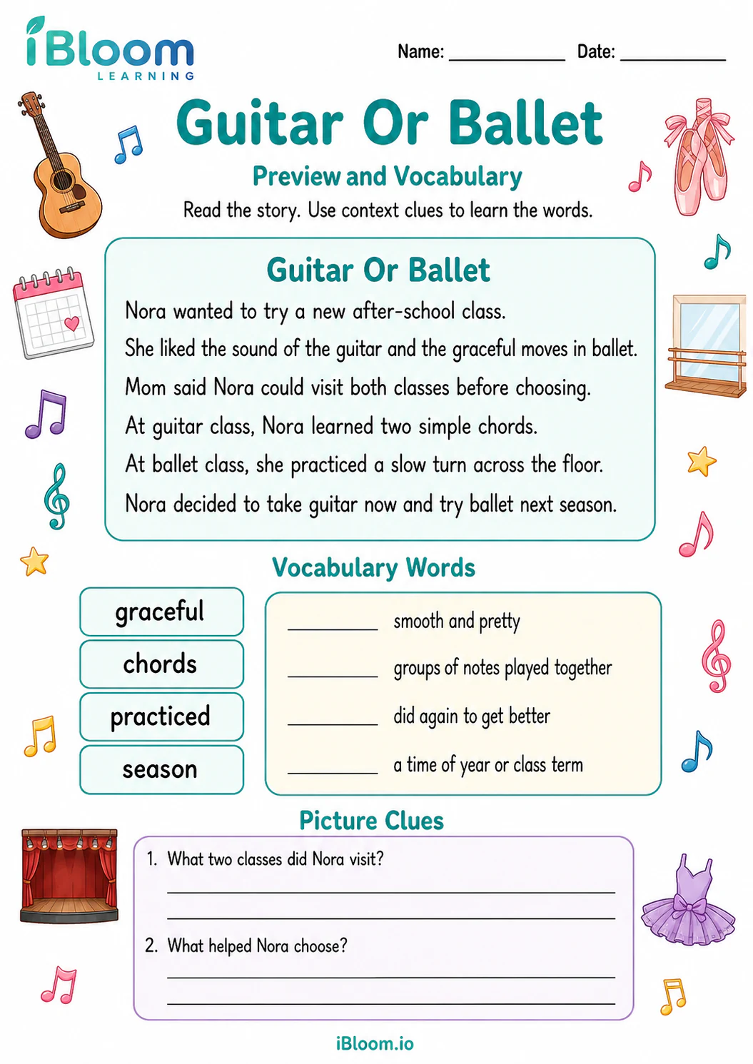 Preview page 1 of Guitar Or Ballet — Preview and Vocabulary