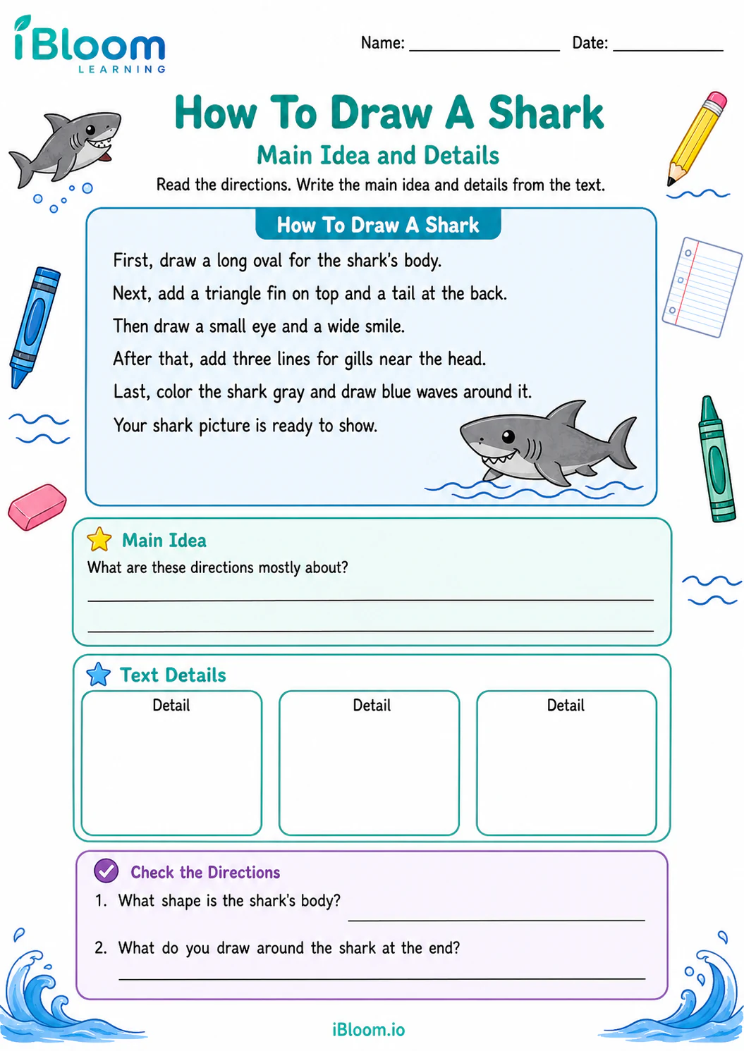 Preview page 1 of How To Draw A Shark — Main Idea and Details