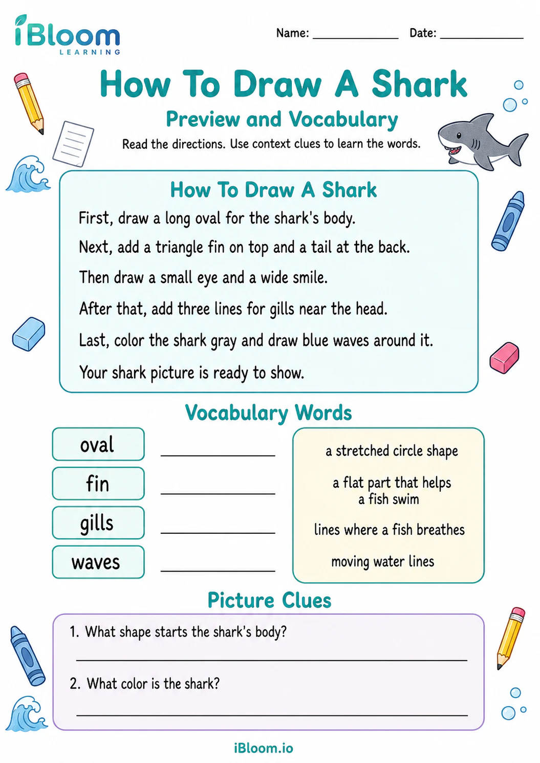 Preview page 1 of How To Draw A Shark — Preview and Vocabulary