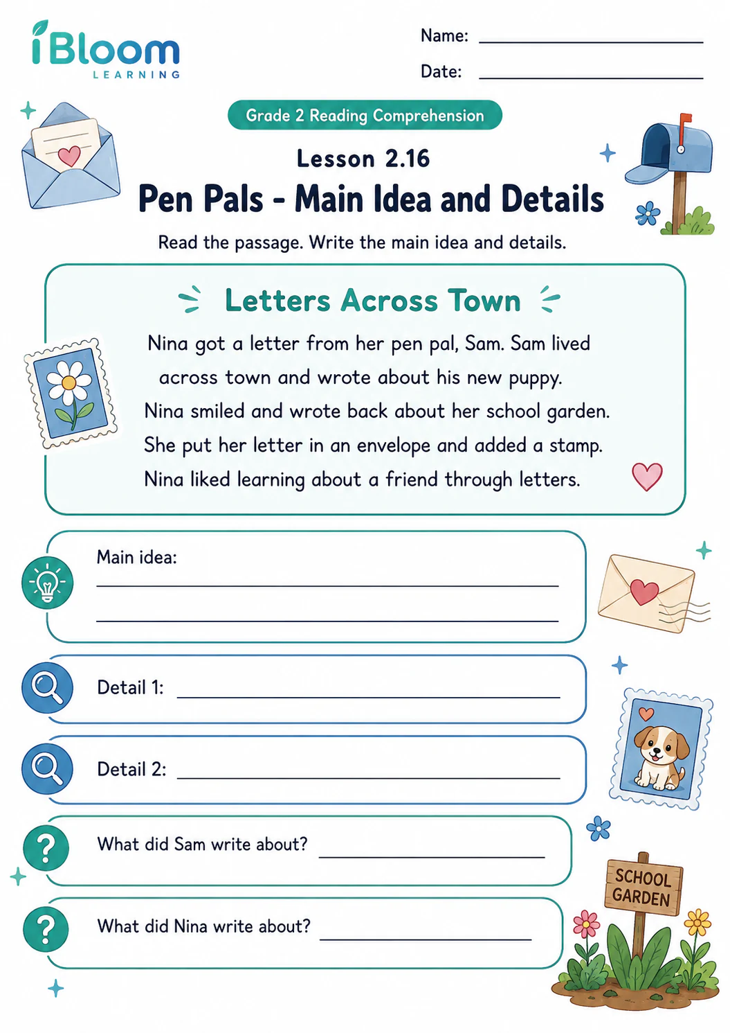Preview page 1 of Pen Pals — Main Idea and Details