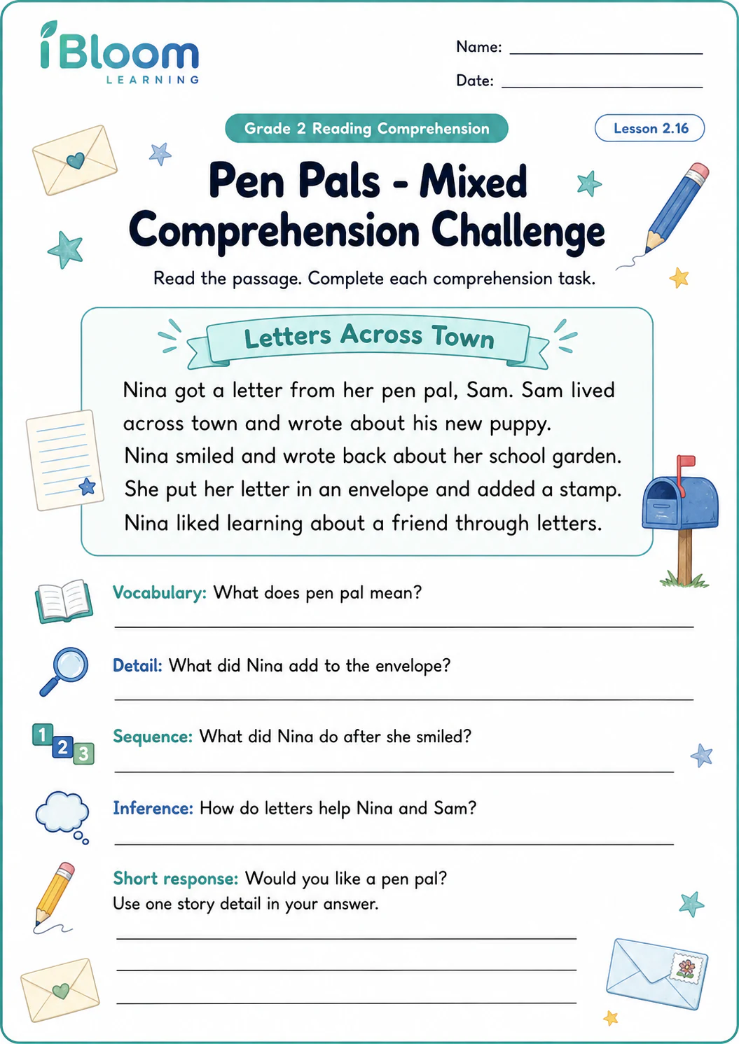 Preview page 1 of Pen Pals — Mixed Comprehension Challenge