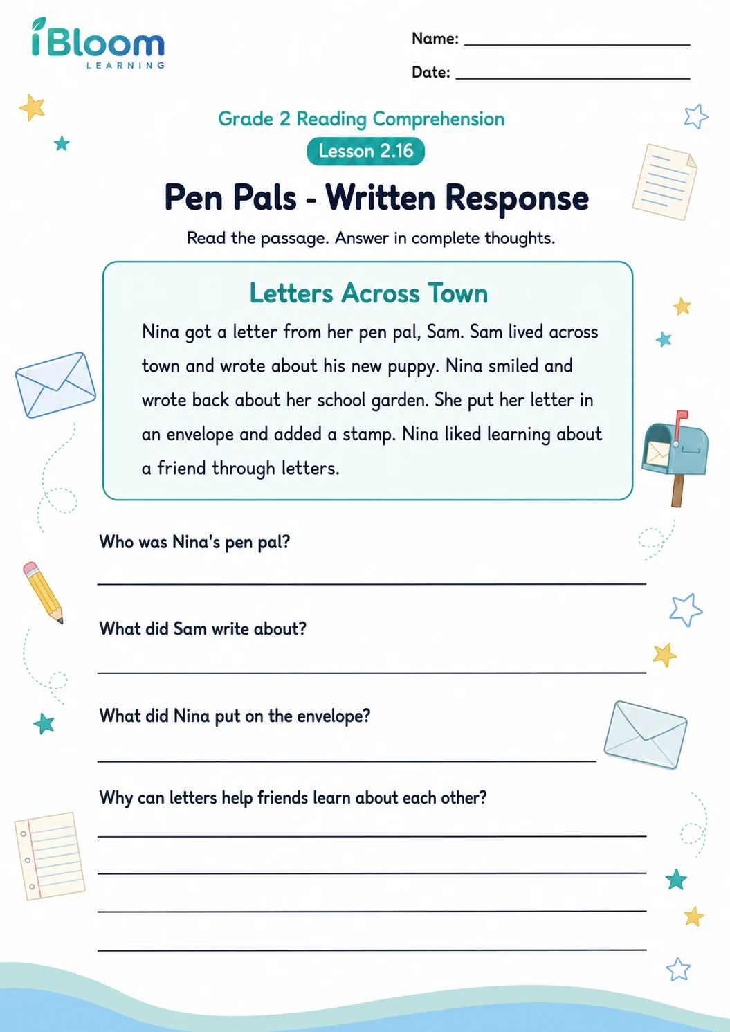 Preview page 1 of Pen Pals — Written Response