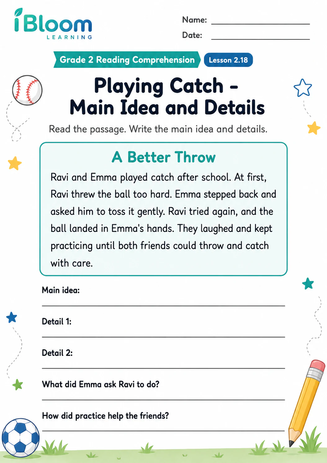 Preview page 1 of Playing Catch — Main Idea and Details