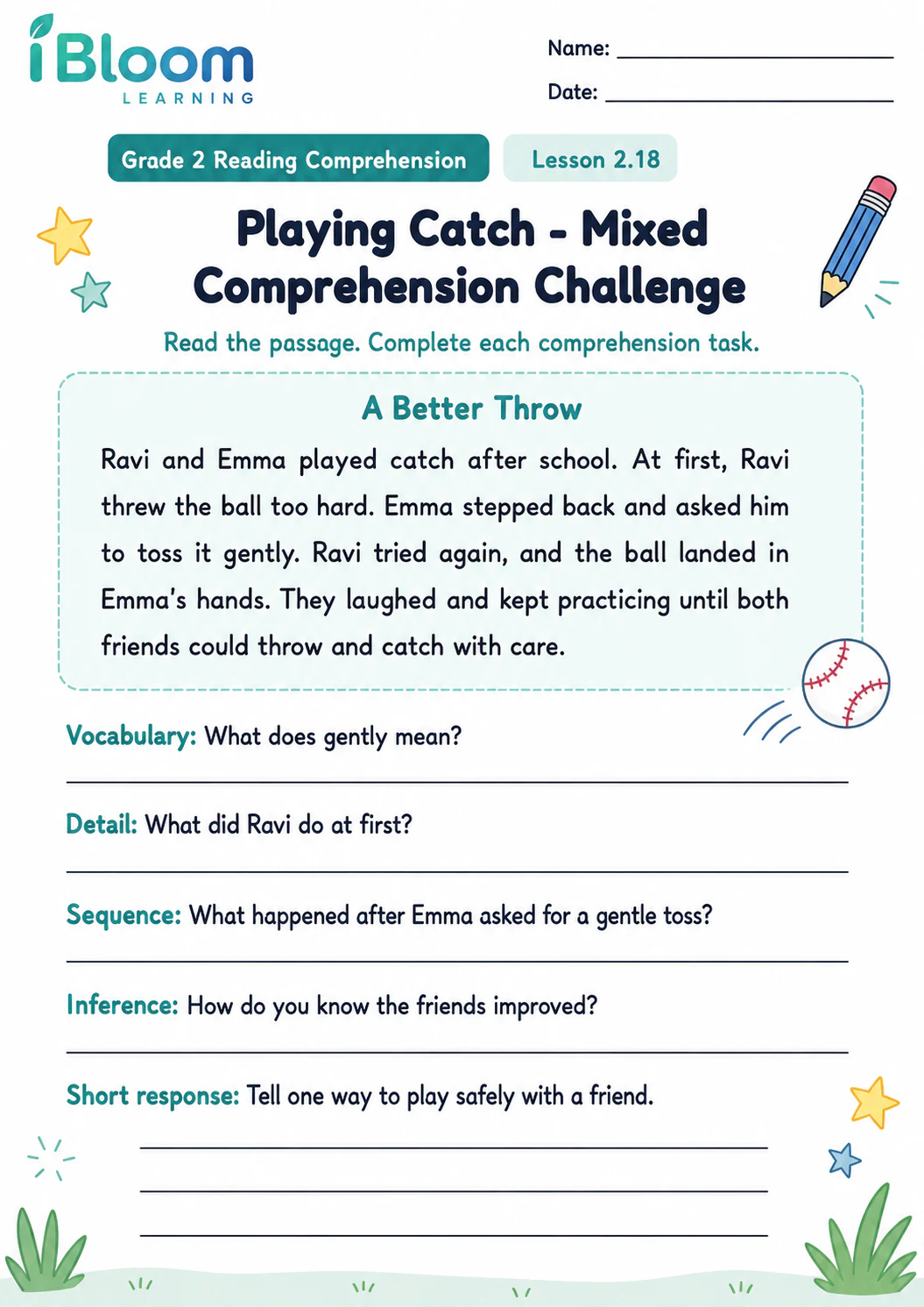 Preview page 1 of Playing Catch — Mixed Comprehension Challenge