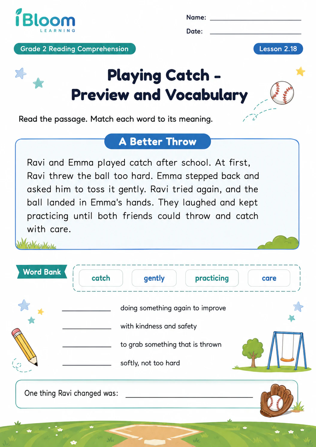 Preview page 1 of Playing Catch — Preview and Vocabulary