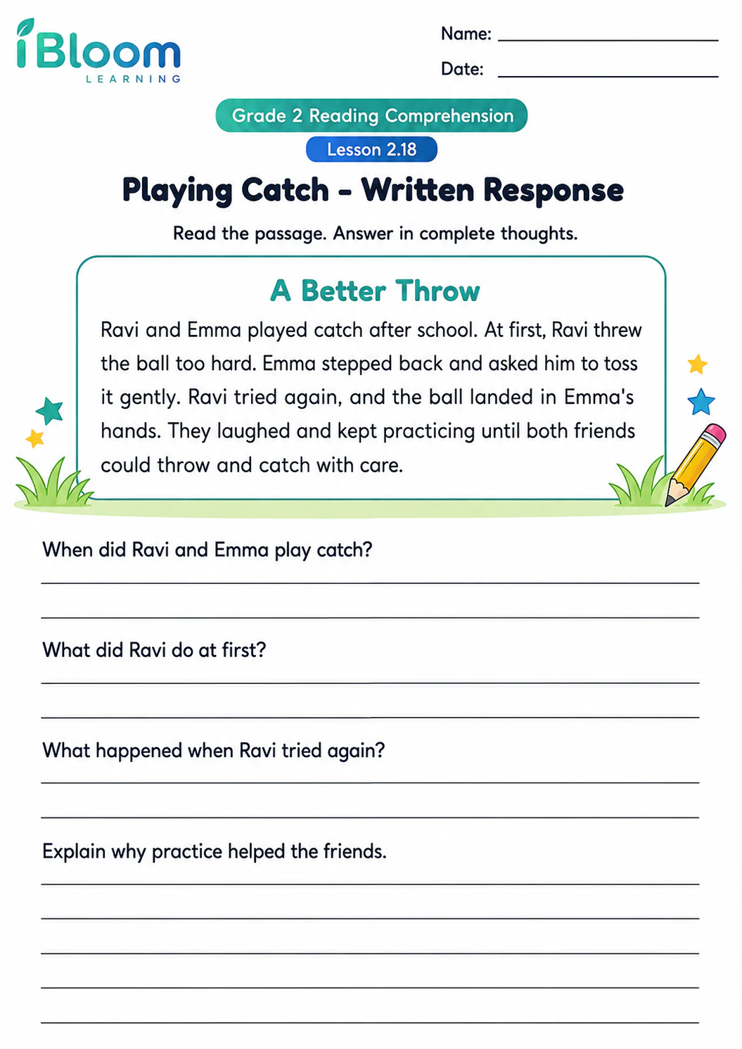 Preview page 1 of Playing Catch — Written Response