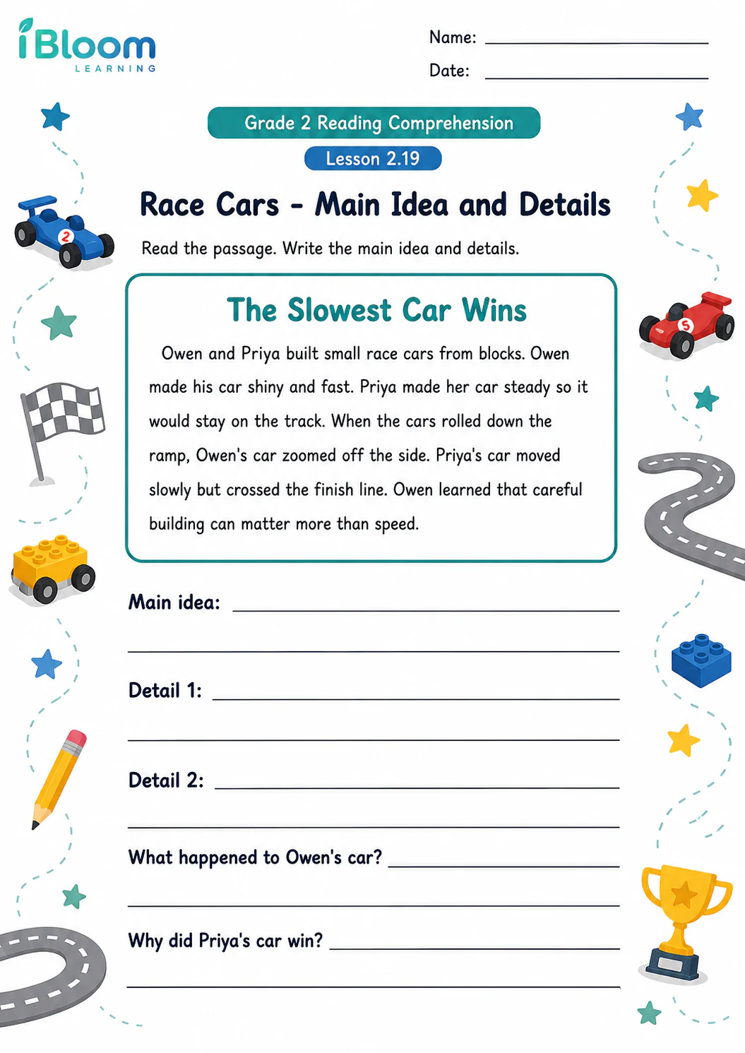 Preview page 1 of Race Cars — Main Idea and Details