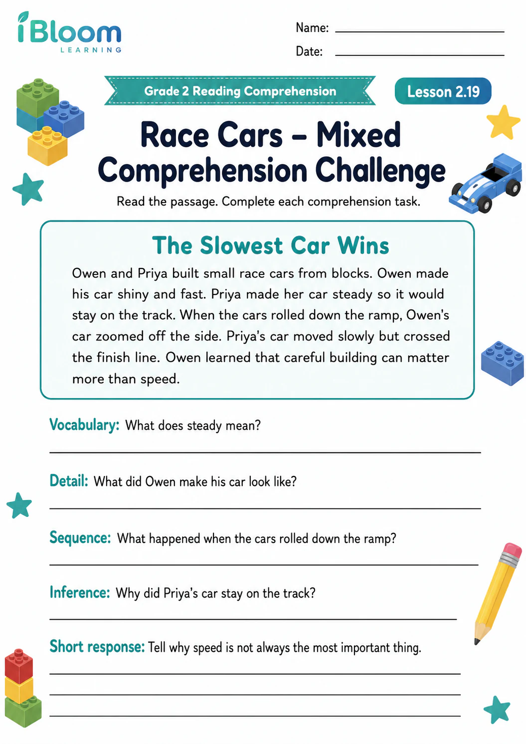 Preview page 1 of Race Cars — Mixed Comprehension Challenge