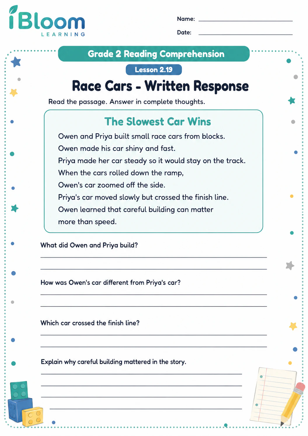 Preview page 1 of Race Cars — Written Response