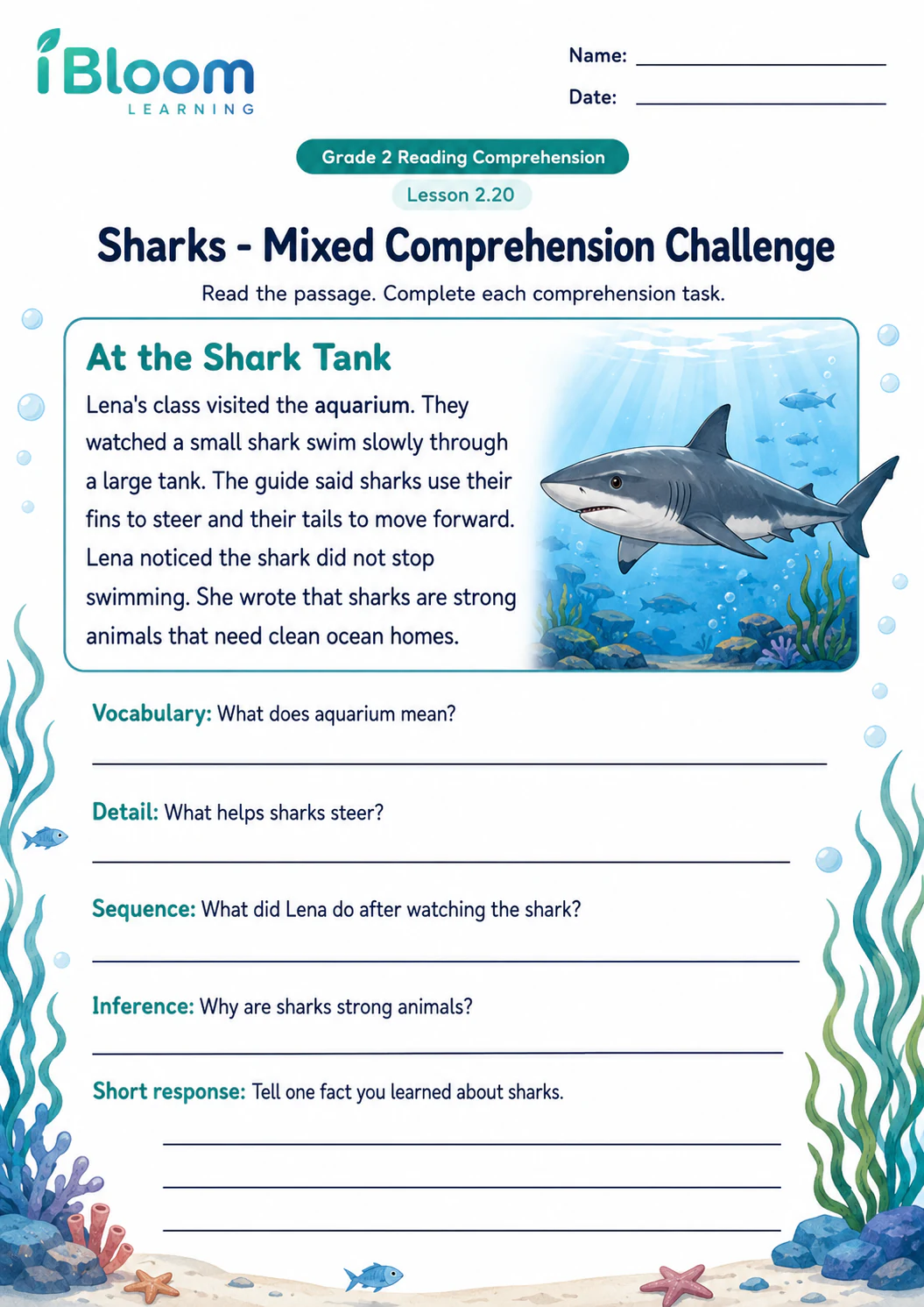 Preview of Sharks — Mixed Comprehension Challenge worksheet