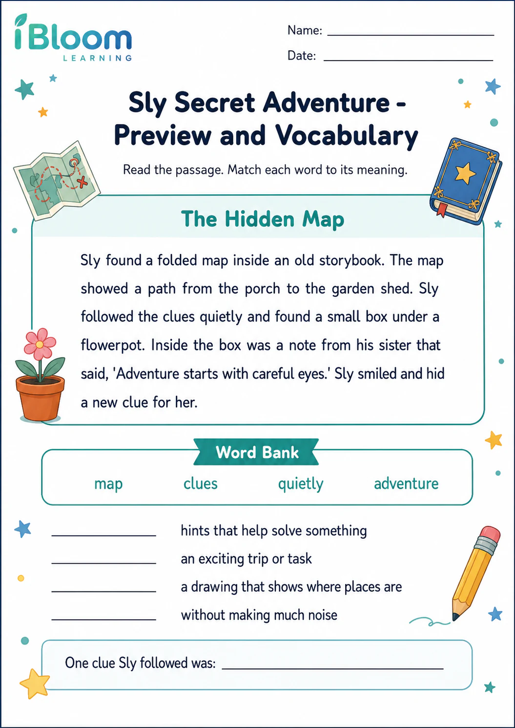 Preview page 1 of Sly Secret Adventure — Preview and Vocabulary
