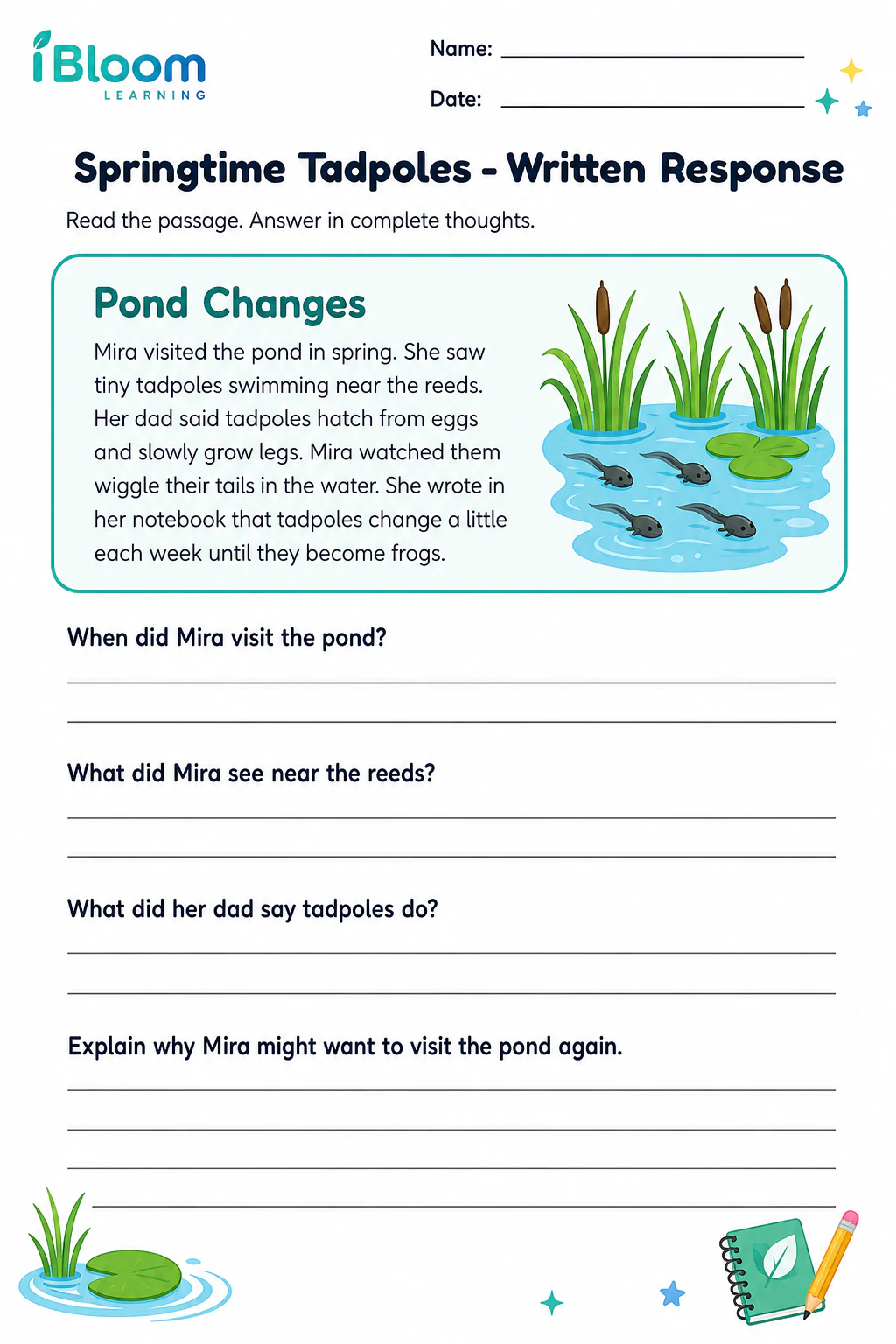 Preview page 1 of Springtime Tadpoles — Written Response