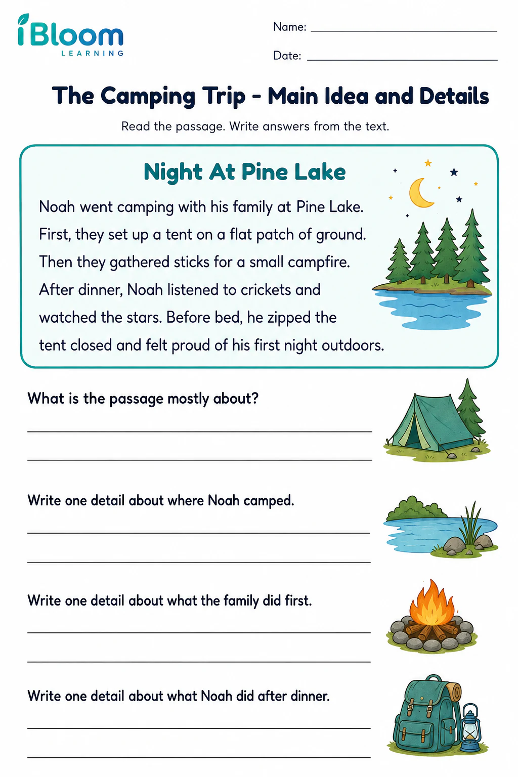 Preview page 1 of The Camping Trip — Main Idea and Details