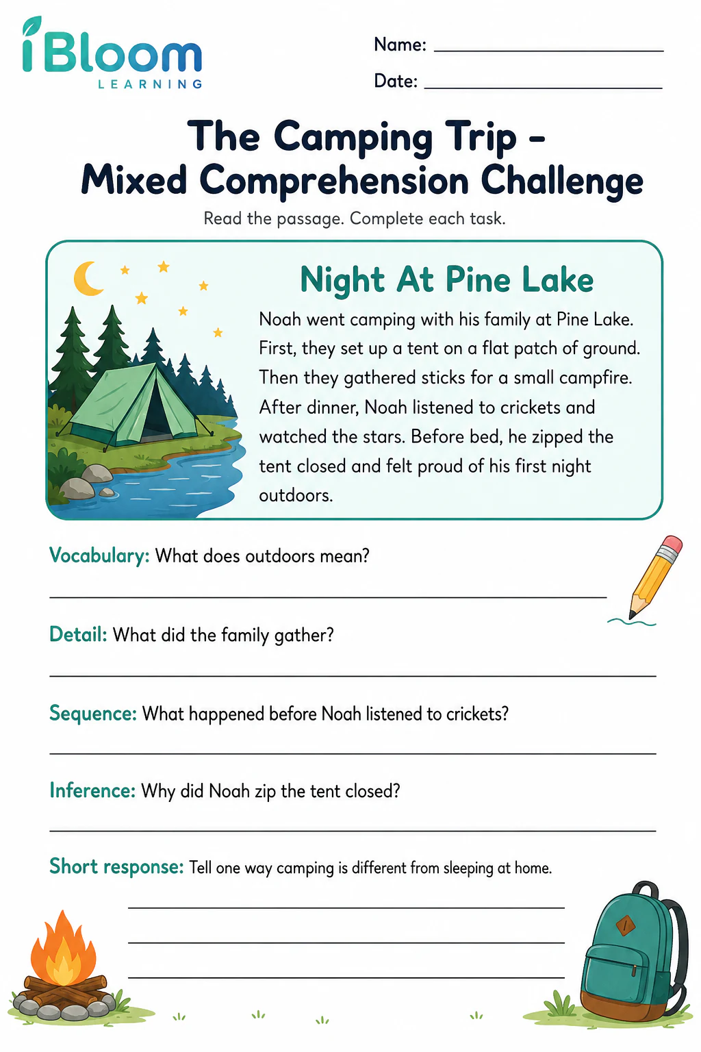 Preview page 1 of The Camping Trip — Mixed Comprehension Challenge