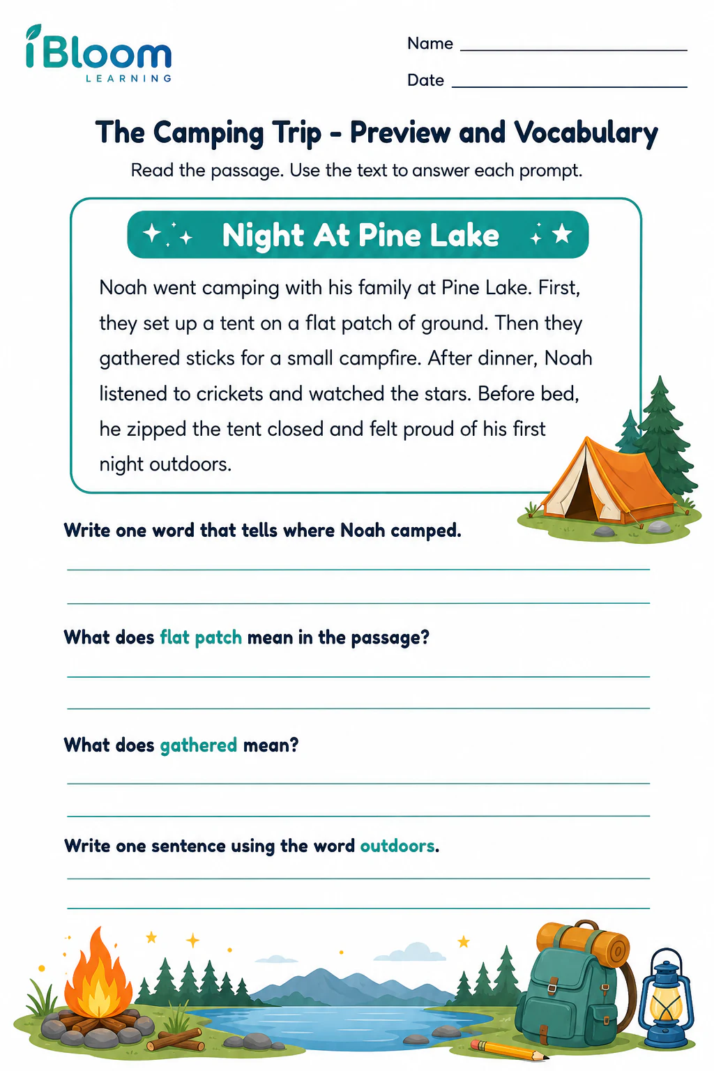Preview page 1 of The Camping Trip — Preview and Vocabulary