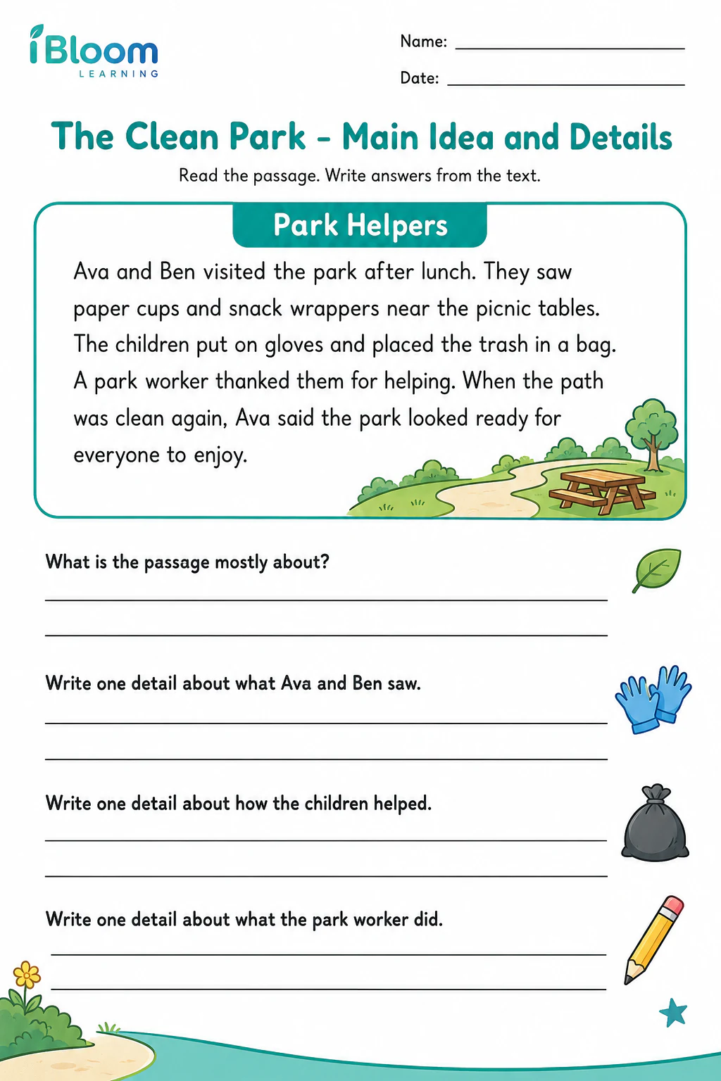 Preview page 1 of The Clean Park — Main Idea and Details