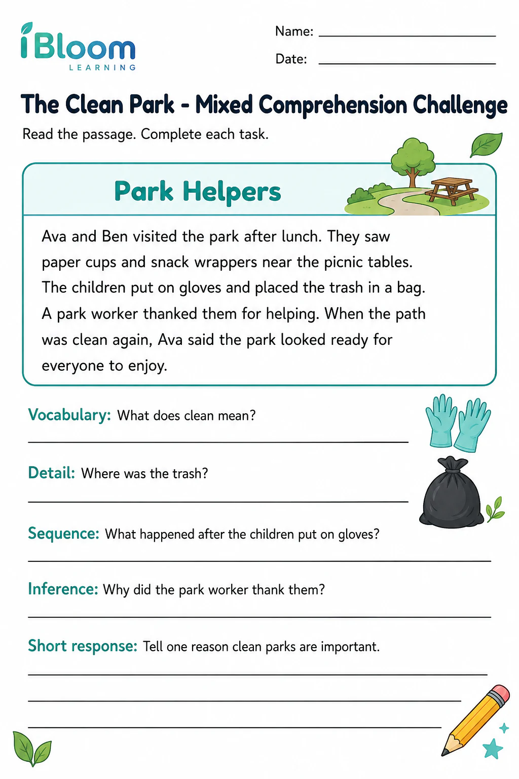 Preview page 1 of The Clean Park — Mixed Comprehension Challenge
