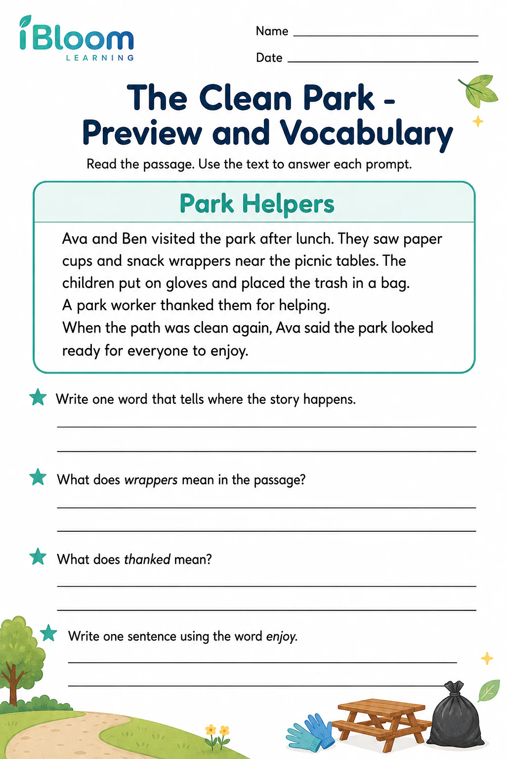 Preview page 1 of The Clean Park — Preview and Vocabulary