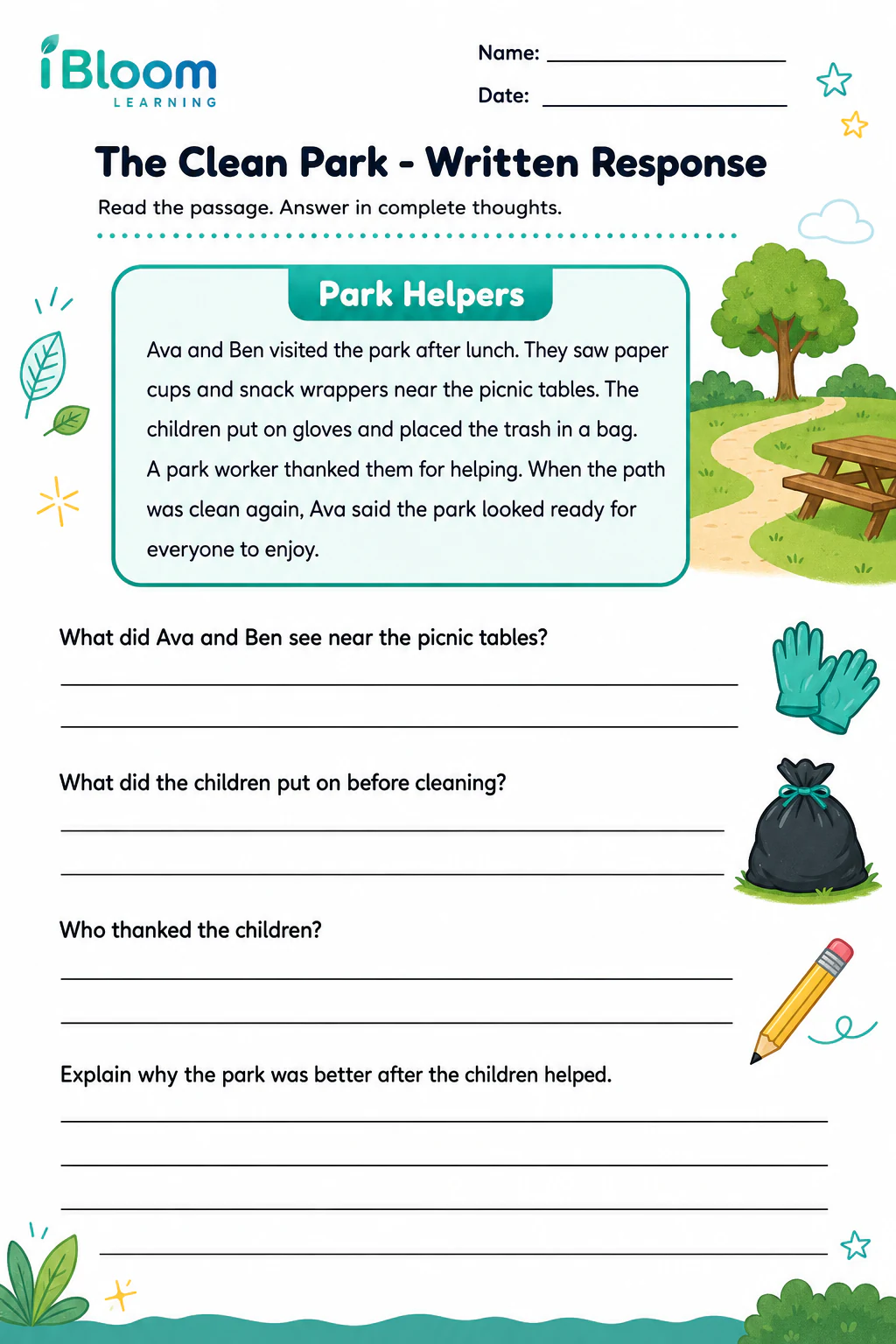 Preview page 1 of The Clean Park — Written Response