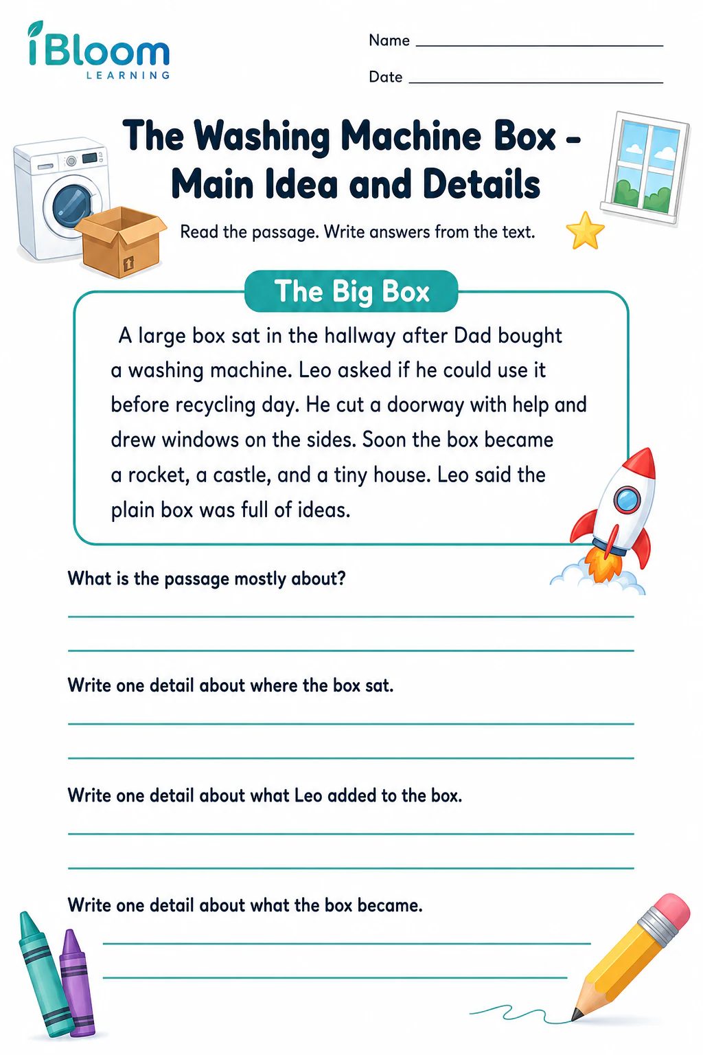 Preview page 1 of The Washing Machine Box — Main Idea and Details