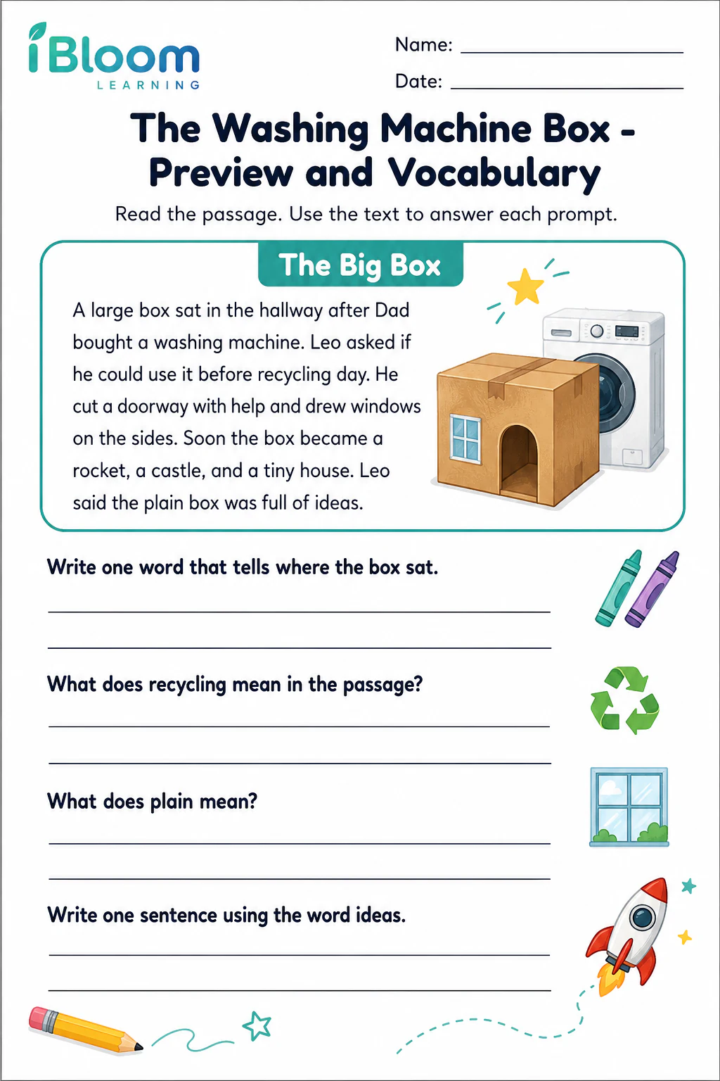 Preview page 1 of The Washing Machine Box — Preview and Vocabulary