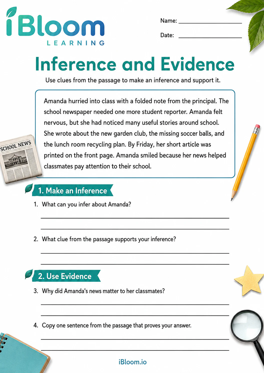 Preview of Amandas News — Inference and Evidence worksheet