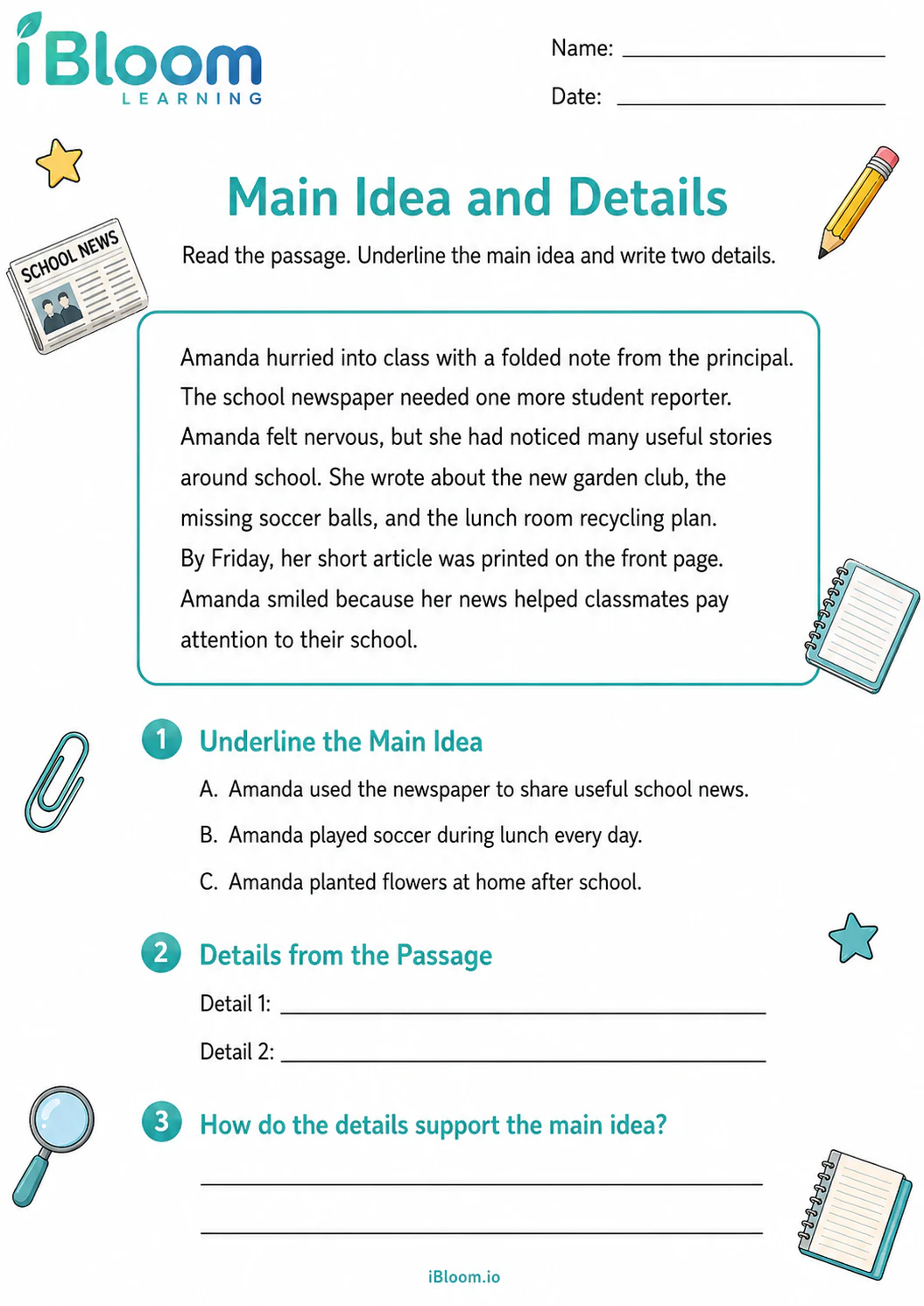 Preview of Amandas News — Main Idea and Details worksheet