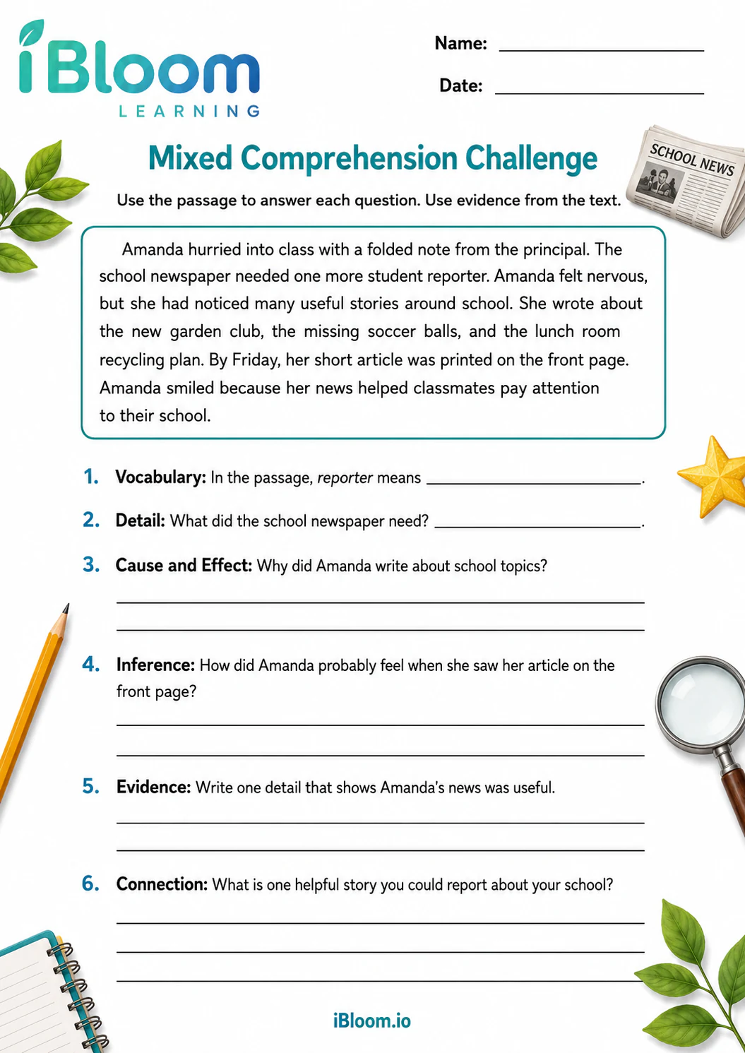 Preview of Amandas News — Mixed Comprehension Challenge worksheet