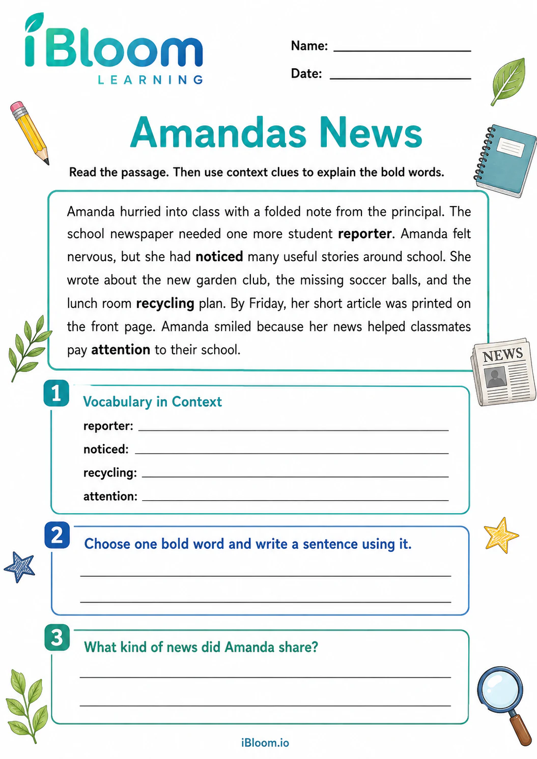 Preview page 1 of Amandas News — Preview and Vocabulary