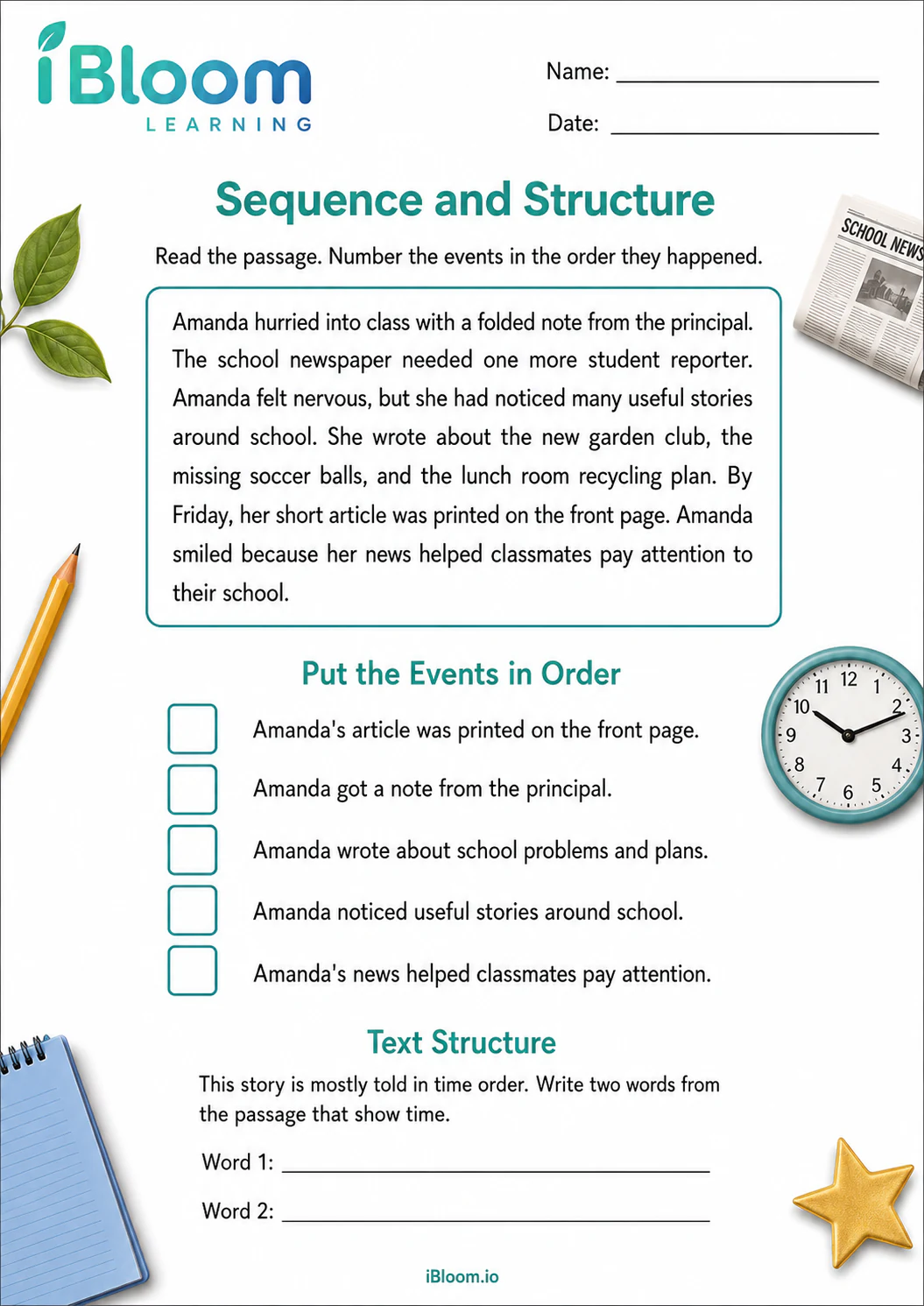 Amandas News — Sequence and Structure worksheet page 1