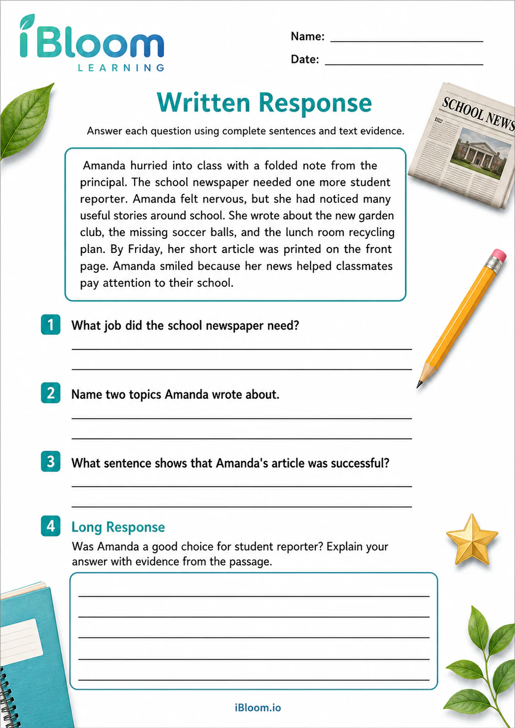 Amandas News — Written Response worksheet page 1