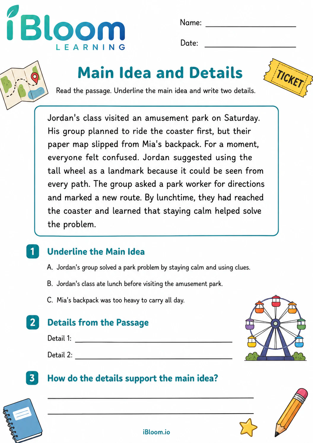 Preview of Amusement Park Problem — Main Idea and Details worksheet