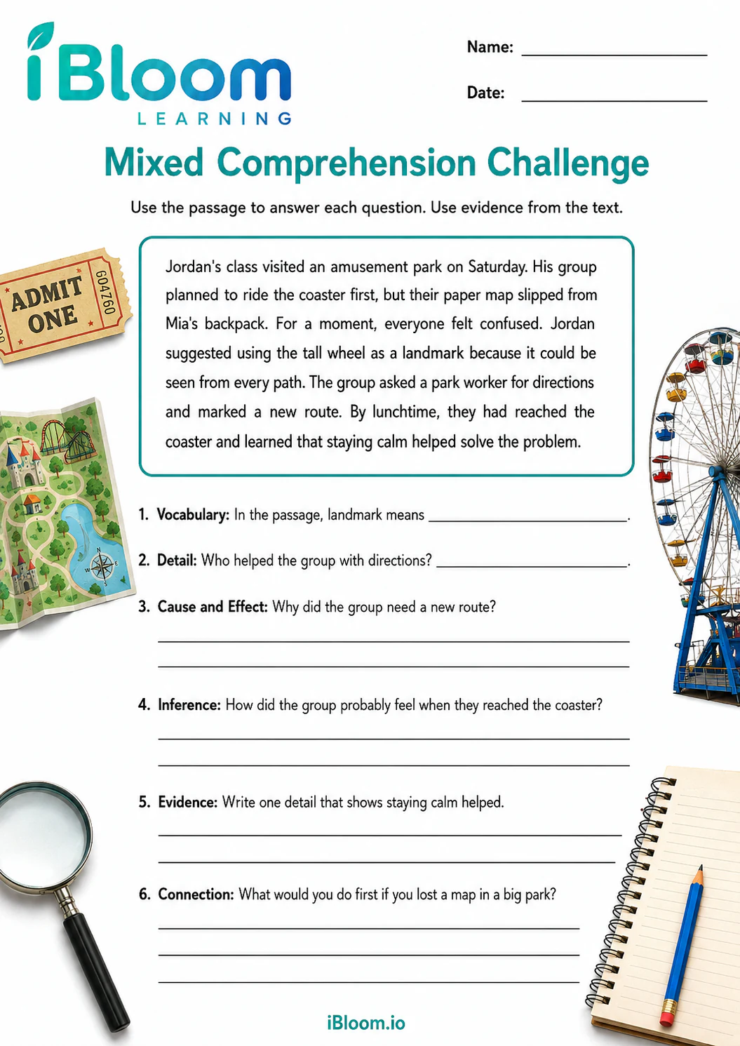 Preview of Amusement Park Problem — Mixed Comprehension Challenge worksheet