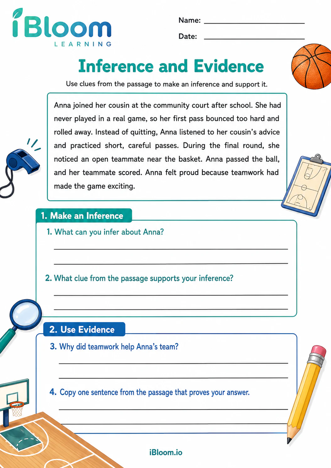 Preview of Anna And Her Basketball Adventure — Inference and Evidence worksheet