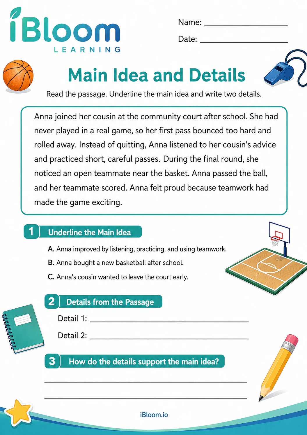 Preview of Anna And Her Basketball Adventure — Main Idea and Details worksheet