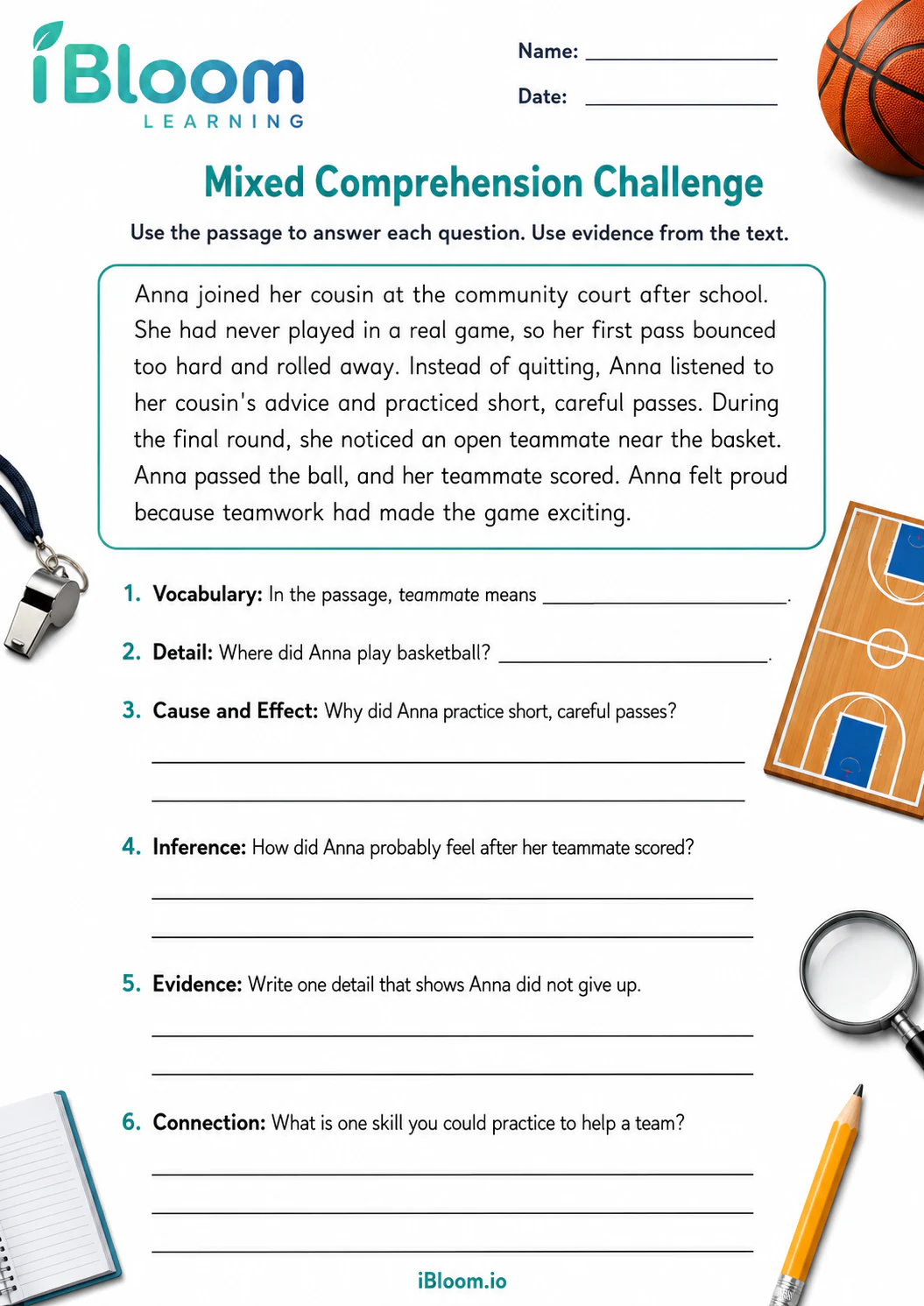 Preview of Anna And Her Basketball Adventure — Mixed Comprehension Challenge worksheet