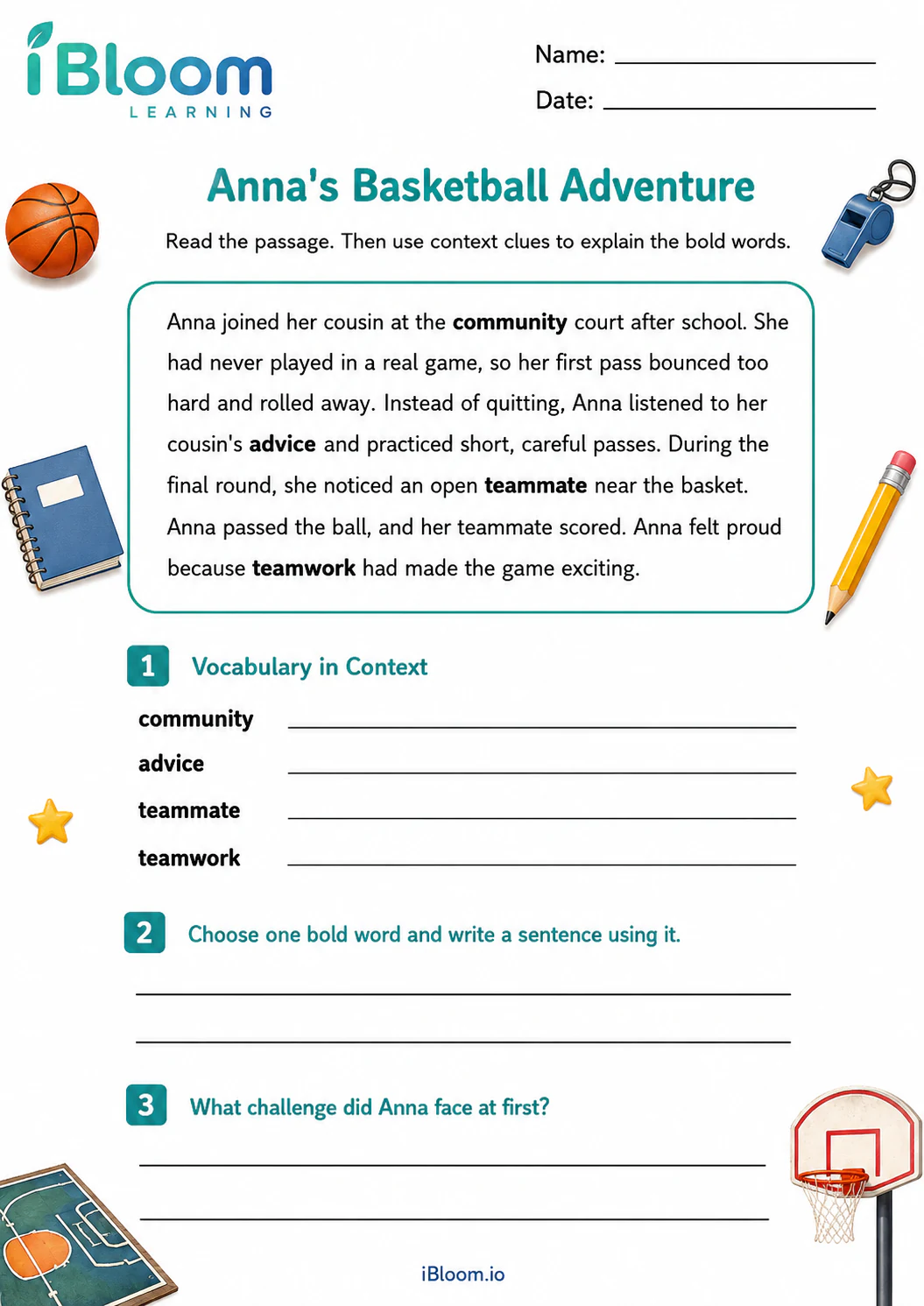 Preview page 1 of Anna And Her Basketball Adventure — Preview and Vocabulary