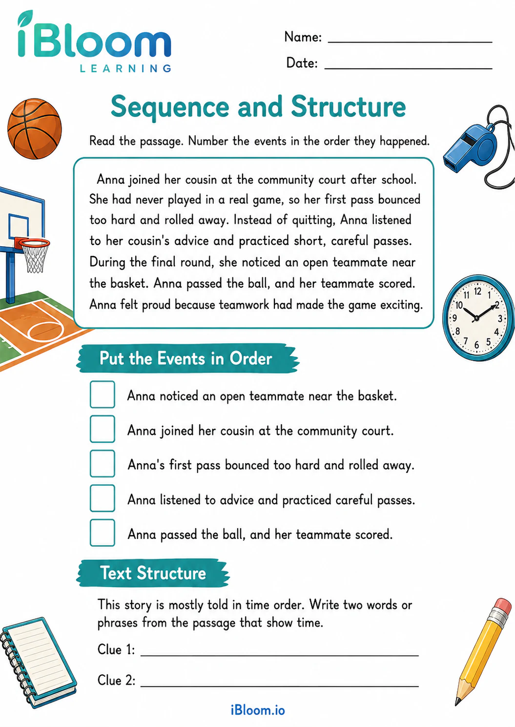 Preview of Anna And Her Basketball Adventure — Sequence and Structure worksheet