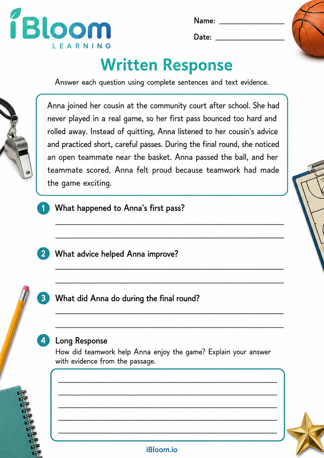Preview of Anna And Her Basketball Adventure — Written Response worksheet
