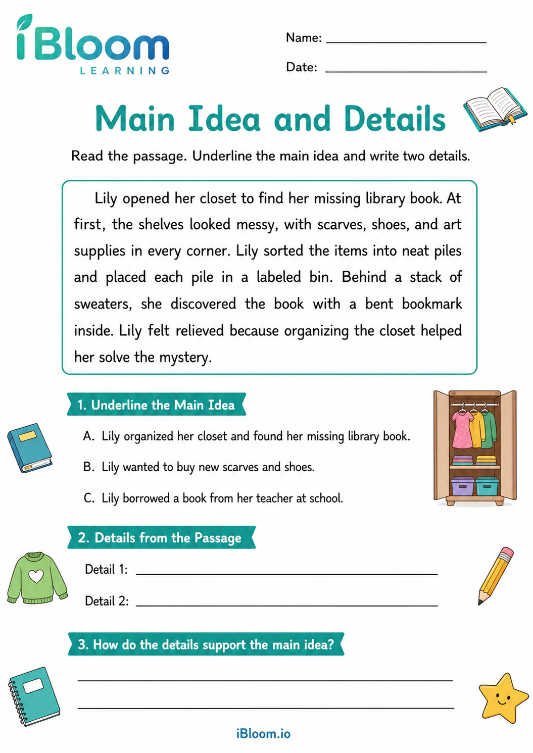 Preview page 1 of Girl Closet — Main Idea and Details